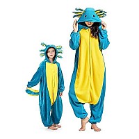 Darkcom Animal Onesie Unisex Adult Pajamas Flannel One Piece Cosplay Blue Axolotl Halloween Costume For Women Men Xlarge