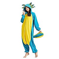 Darkcom Animal Onesie Unisex Adult Pajamas Flannel One Piece Cosplay Blue Axolotl Halloween Costume For Women Men Xlarge