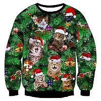 Raisevern Ugly Christmas Sweater For Men Women Funny Xmas Tree Cats Sweatshirt Holiday Festive Long Sleeve Winter Santa Claus Ha