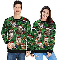 Raisevern Ugly Christmas Sweater For Men Women Funny Xmas Tree Cats Sweatshirt Holiday Festive Long Sleeve Winter Santa Claus Ha