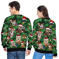 Raisevern Ugly Christmas Sweater For Men Women Funny Xmas Tree Cats Sweatshirt Holiday Festive Long Sleeve Winter Santa Claus Ha