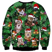 Raisevern Ugly Christmas Sweater For Men Women Funny Xmas Tree Cats Sweatshirt Holiday Festive Long Sleeve Winter Santa Claus Ha