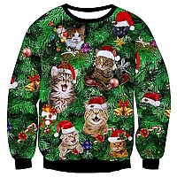 Raisevern Ugly Christmas Sweaters For Men Women Funny Santa Cats Sweatshirt Bell Holly Xmas Evergreen Trees Pullover Party Long