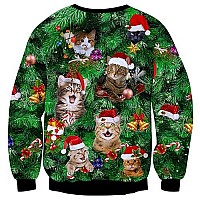 Raisevern Ugly Christmas Sweaters For Men Women Funny Santa Cats Sweatshirt Bell Holly Xmas Evergreen Trees Pullover Party Long