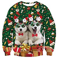 Raisevern Mens Ugly Christmas Sweatshirt Funny Husky Bro Santa Claus Glasses Dogs Pullover Xmas Party Long Sleeve Shirts Winter