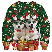 Raisevern Mens Ugly Christmas Sweatshirt Funny Husky Bro Santa Claus Glasses Dogs Pullover Xmas Party Long Sleeve Shirts Winter