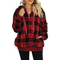 Yanekop Sherpa Hoodie Fuzzy Fleece Hoodie Womens Gifts For Christmas Oversized Sweatshirt For Womenb Black Red Plaid L