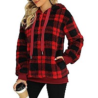 Yanekop Sherpa Hoodie Fuzzy Fleece Hoodie Womens Gifts For Christmas Oversized Sweatshirt For Womenb Black Red Plaid L