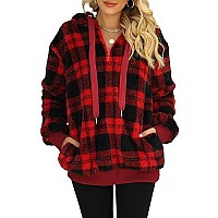 Yanekop Sherpa Hoodie Fuzzy Fleece Hoodie Womens Gifts For Christmas Oversized Sweatshirt For Womenb Black Red Plaid L