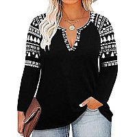 Carcos Women Plus Size Tops Long Sleeve Color Block Black White Christmas Print V Neck Tshirt Pullover Raglan Tee Casual Blou