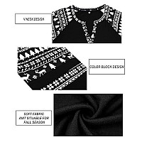 Carcos Women Plus Size Tops Long Sleeve Color Block Black White Christmas Print V Neck Tshirt Pullover Raglan Tee Casual Blou