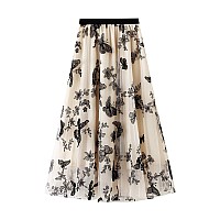 Women Tutu Tulle Skirt Elastic High Waist Layered Skirt Floral Print Mesh Aline Midi Skirtbutterfly2 Apricot One Size