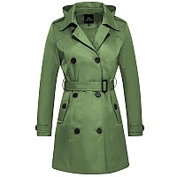 Farvalue Women S Waterproof Trench Coat Double Breasted Windbreaker Classic Belted Lapel Overcoat With Removable Hood Green Lar