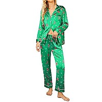 Ekouaer Silk Satin Pajamas Womens Long Sleeve Sleepwear Soft Button Down Pj Set 2 Piece Loungewear Christmas Green Print Xl