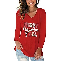 Womens V Neck Christmas T Shirts Long Sleeve Christmas Shirts Family Funny Graphic Holiday Top Red M