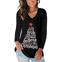 Merry Christmas Tshirt For Women Long Sleeve Letter Printed Tee Shirt Christmas V Neck Holiday Tops Black M