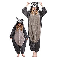 Darkcom Animal Onesie Unisex Adult Pajamas One Piece Cosplay Gray Raccoon Halloween Costume For Women Men Xlarge