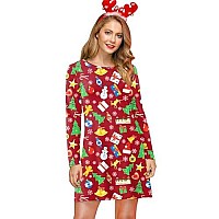 Christmas Womens Long Sleeve Party Costume Funny Crewneck Santa Claus Pullover Outfits Dresses Gift Red L