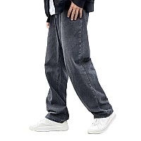 Floerns Mens Loose Fit Straight Leg Denim Jeans Casual Wide Leg Plain Denim Pants Grey Xs