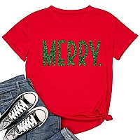 Christmas Heart T Shirt For Women Winter Xmas Family Party Holiday Short Sleeve Merry Glitter Graphic Tee Tops112Red L