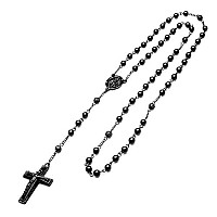 Fashion Rosary 6 Mm Black Bead Guadalupe Jesus Cross 28 Necklace Hr 600 Bk