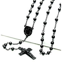 Fashion Rosary 6 Mm Black Bead Guadalupe Jesus Cross 28 Necklace Hr 600 Bk