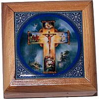 Holy Land Market First Communion Box Rosary Box Bethlehem Olive Wood Ceramic Crucifixion