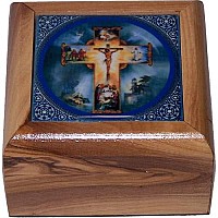 Holy Land Market First Communion Box Rosary Box Bethlehem Olive Wood Ceramic Crucifixion