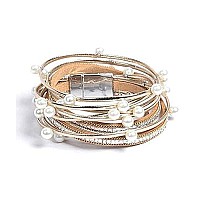 Leather Wrap Bracelet For Women Handmade Clasp Bangle Bracelet With Pearl Beads Crystal Wristbands Jewelry Gift For Sisters T