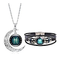 Dcfywl731 Pisces Zodiac Necklace Bracelet Set For Women Men 12 Constellation Moon Pendant Necklace Handmade Woven Zodiac Sign Wr