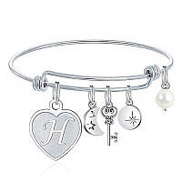 M Mooham Charm Bracelets For Teen Girls Engraved H Womens Initial Expandable Wire Bangle Bracelet With Heart Charm Birthday Ch