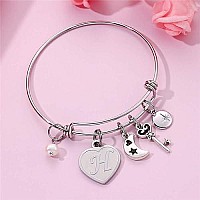 M Mooham Charm Bracelets For Teen Girls Engraved H Womens Initial Expandable Wire Bangle Bracelet With Heart Charm Birthday Ch