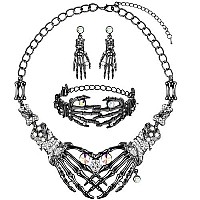 Miraculous Garden 3 Pack Halloween Gothic Skull Skeleton Collar Choker Statement Necklace Link Bracelet And Drop Earrings Jewelr