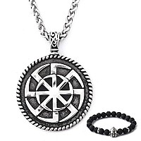 Bavipower Viking Sun Wheel Shield Pendant Stainless Steel Keel Chain Norse Necklace For Men Women Nordic Pagan Jewelry Strong Pr