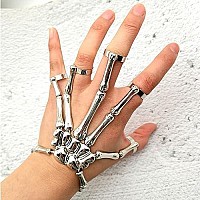 Caiyao Gothic Halloween Skull Skeleton Metal Fingers Hand Bone Bracelet With Adjustable Ring Wristband Handmade Punk Jewelry For