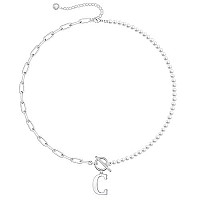 Dainty Initial Pearl Necklace For Women 14K White Gold Plated Paperclip Link Chain Necklace Toggle Clasp Necklace Choker Initia