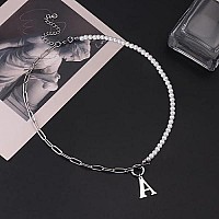 Dainty Initial Pearl Necklace For Women 14K White Gold Plated Paperclip Link Chain Necklace Toggle Clasp Necklace Choker Initia