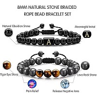 Storup Mens Bracelets Tiger Eye 8Mm Natural Stone Mens Initial Obsdian Bracelet Tiger Eye Lava Rock Initial Bead Bracelets Birt