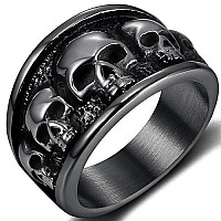 Retro Vintage Stainless Steel Gothic Death Skull Skeleton Cocktail Party Biker Statement Halloween Ring Black 145