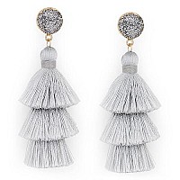 Silver Layered Tassel Earrings For Women Dangle Drop Statement Boho Light Grey Fringe Earrings Metallic Sparkly Druzy Wedding Ch