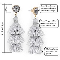 Silver Layered Tassel Earrings For Women Dangle Drop Statement Boho Light Grey Fringe Earrings Metallic Sparkly Druzy Wedding Ch