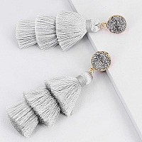 Silver Layered Tassel Earrings For Women Dangle Drop Statement Boho Light Grey Fringe Earrings Metallic Sparkly Druzy Wedding Ch