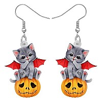 Duowei Halloween Black Mermaid Bones Skull Cat Earrings Acrylic Weird Cats Dangle Drop Jewelry For Women Gifts Devil Cat