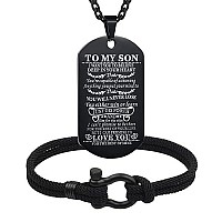 Butishop 2Pcs Son Bracelet Personalized Dog Tag Necklace Inspirational Pendant Necklace Handmade Braid Rope To My Son Gifts For