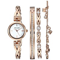 Anne Klein Womens Premium Crystal Accented Rose Goldtone Watch And Bracelet Set