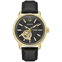 Bulova Mens Classic 3Hand Automatic Leather Strap Watch 21Jewels Hack Feature Luminous Hands And Markersopen Aperture And