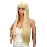 Kalyss 28 Inch Womens Long Straight Premium Synthetic Blonde Full Hair Wig With Hair Bangs