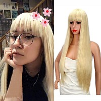 Kalyss 28 Inch Womens Long Straight Premium Synthetic Blonde Full Hair Wig With Hair Bangs