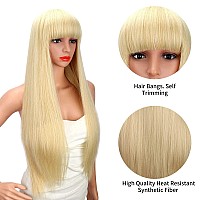 Kalyss 28 Inch Womens Long Straight Premium Synthetic Blonde Full Hair Wig With Hair Bangs