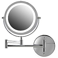 Ovente 7 Lighted Wall Mount Makeup Mirror 1X 10X Magnifier Adjustable Double Sided Round Led Extend Retractable Folding